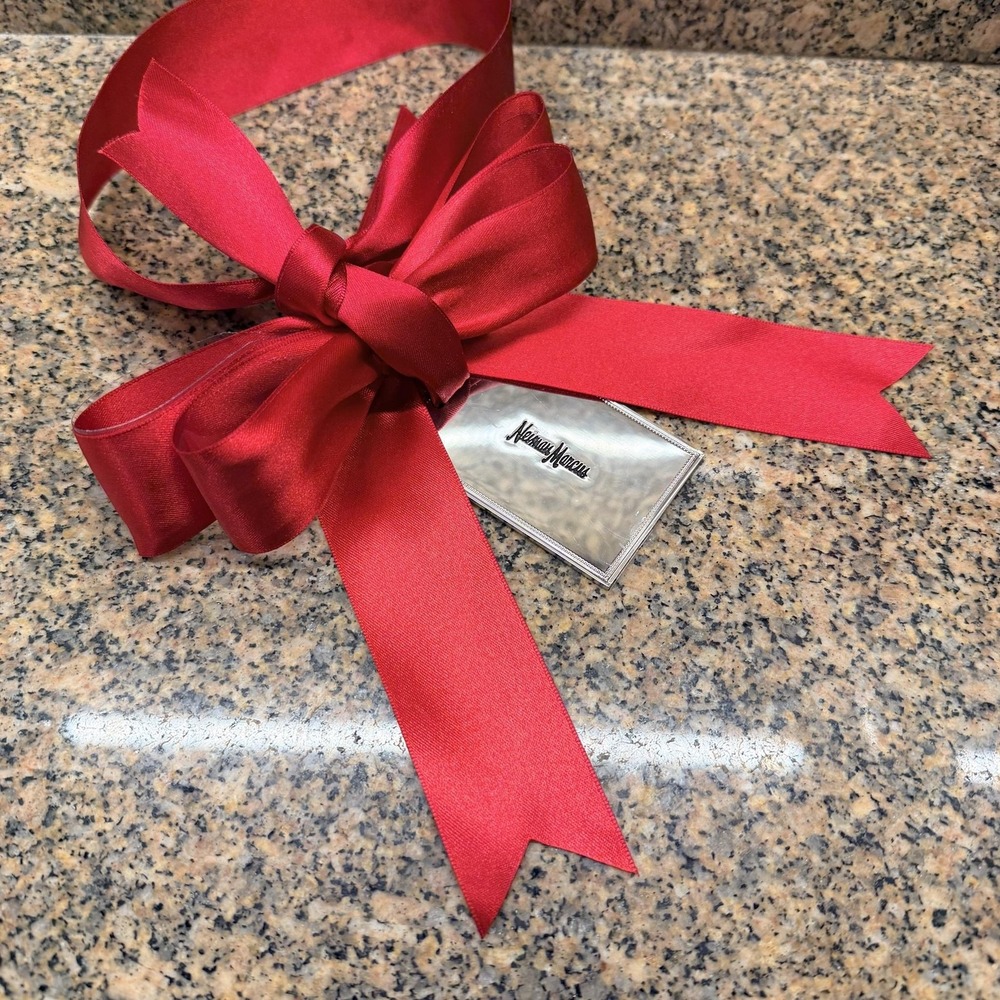 Neiman Marcus Red Satin Bow Bauble Medium Silver Tone Tag Christmas Gift Wrap